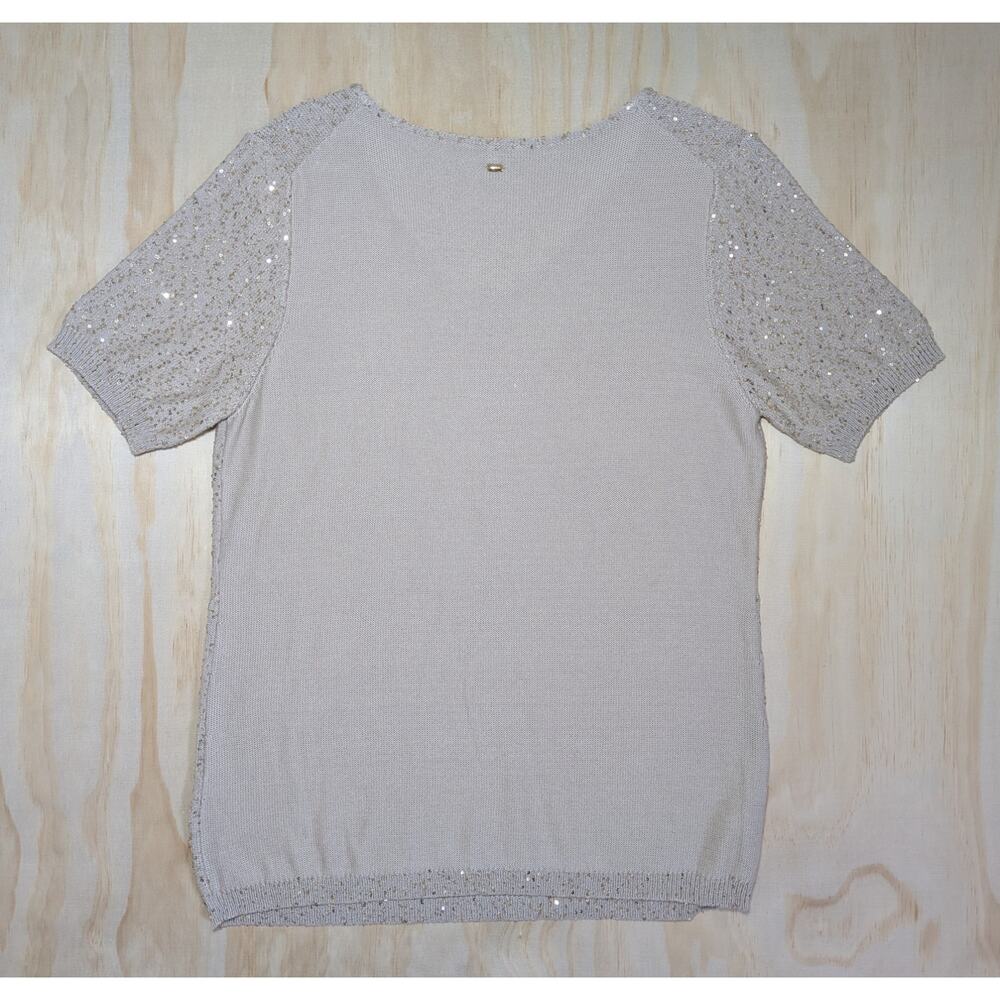 Escada Sagira Top Large Silk Cotton Sequin Knit Short Sleeve Blouse Beige Italy - Picture 8 of 16